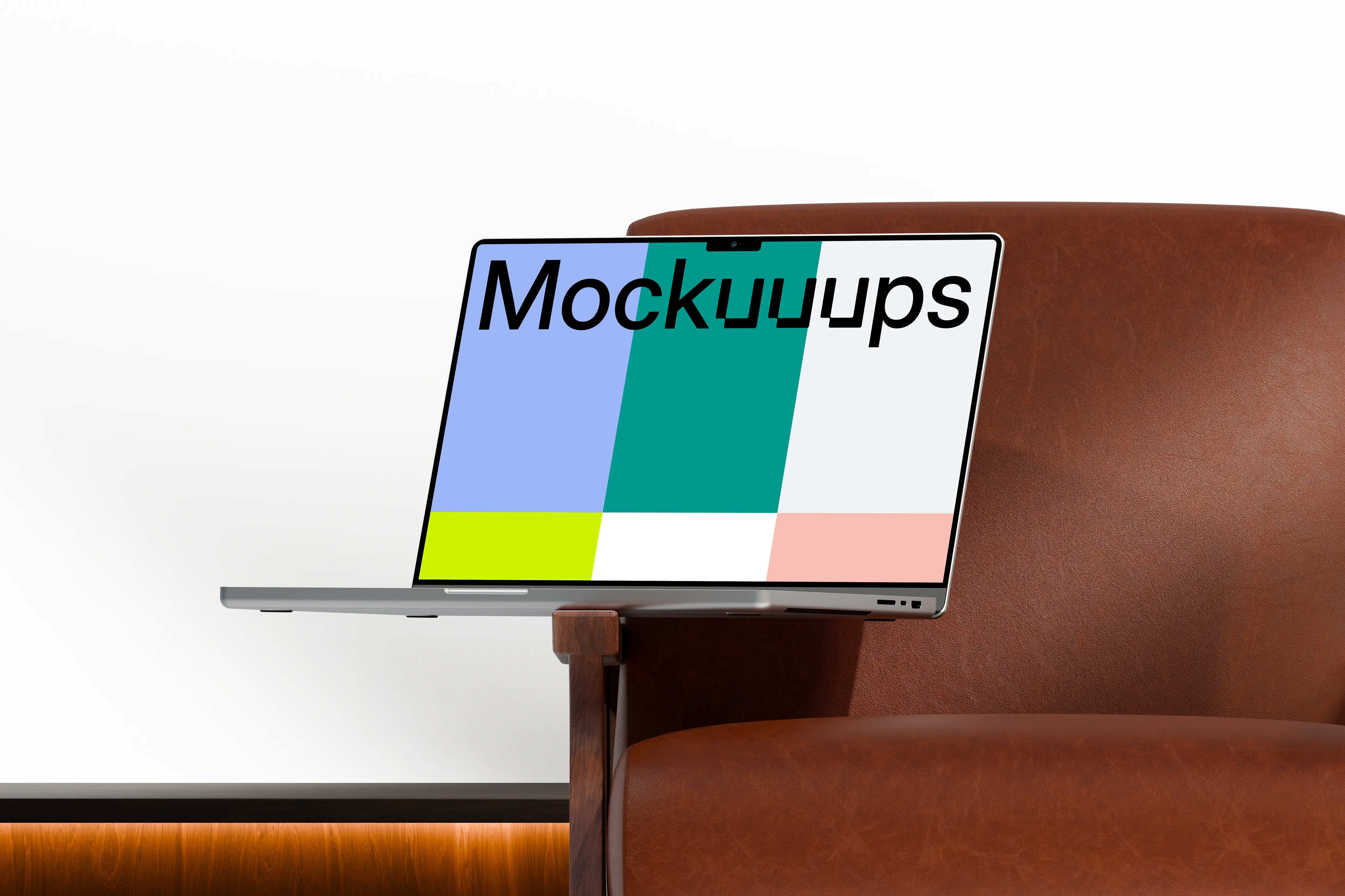 MacBook Pro mockup on a leather chair mockup