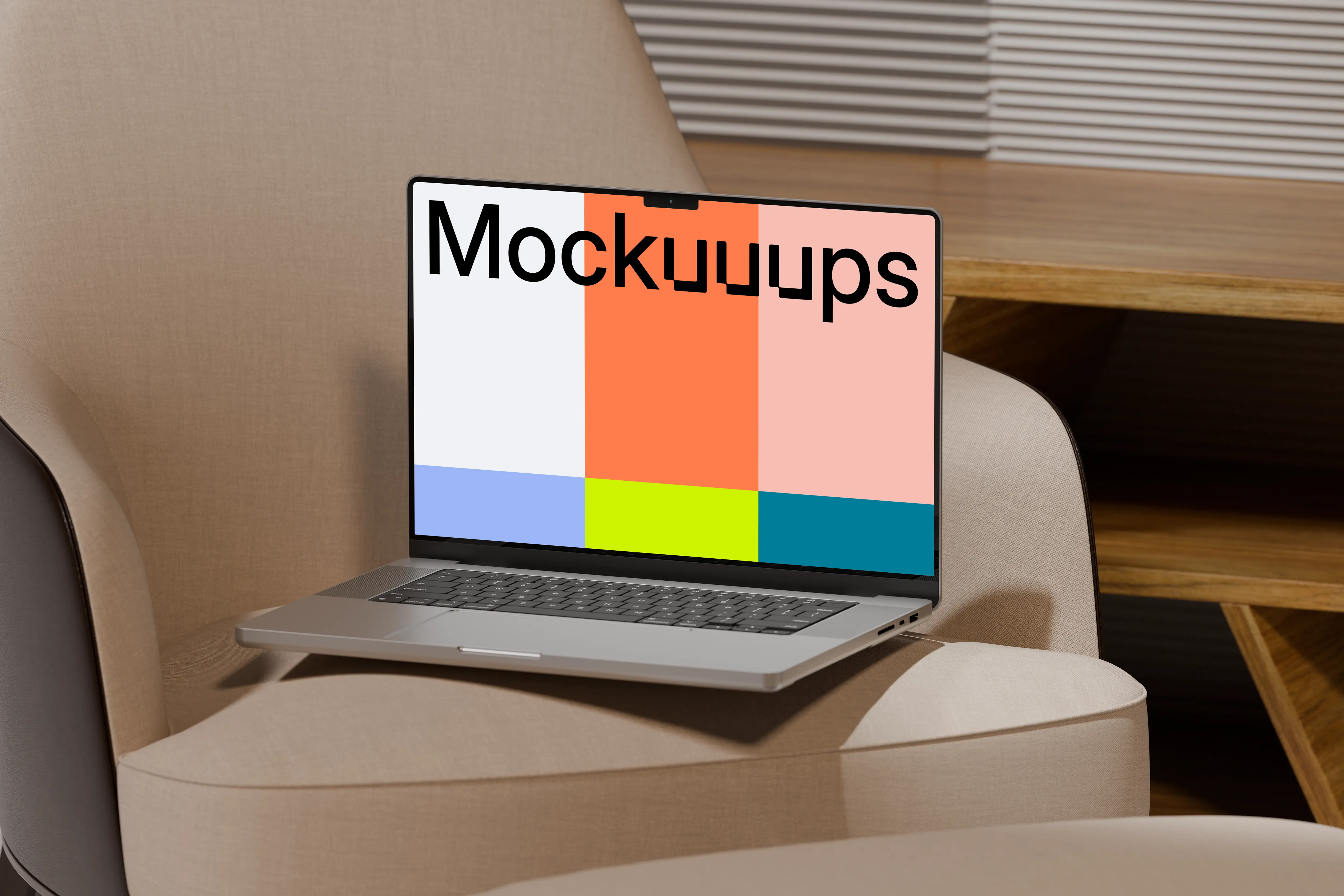 MacBook Pro mockup on a modern armchair mockup