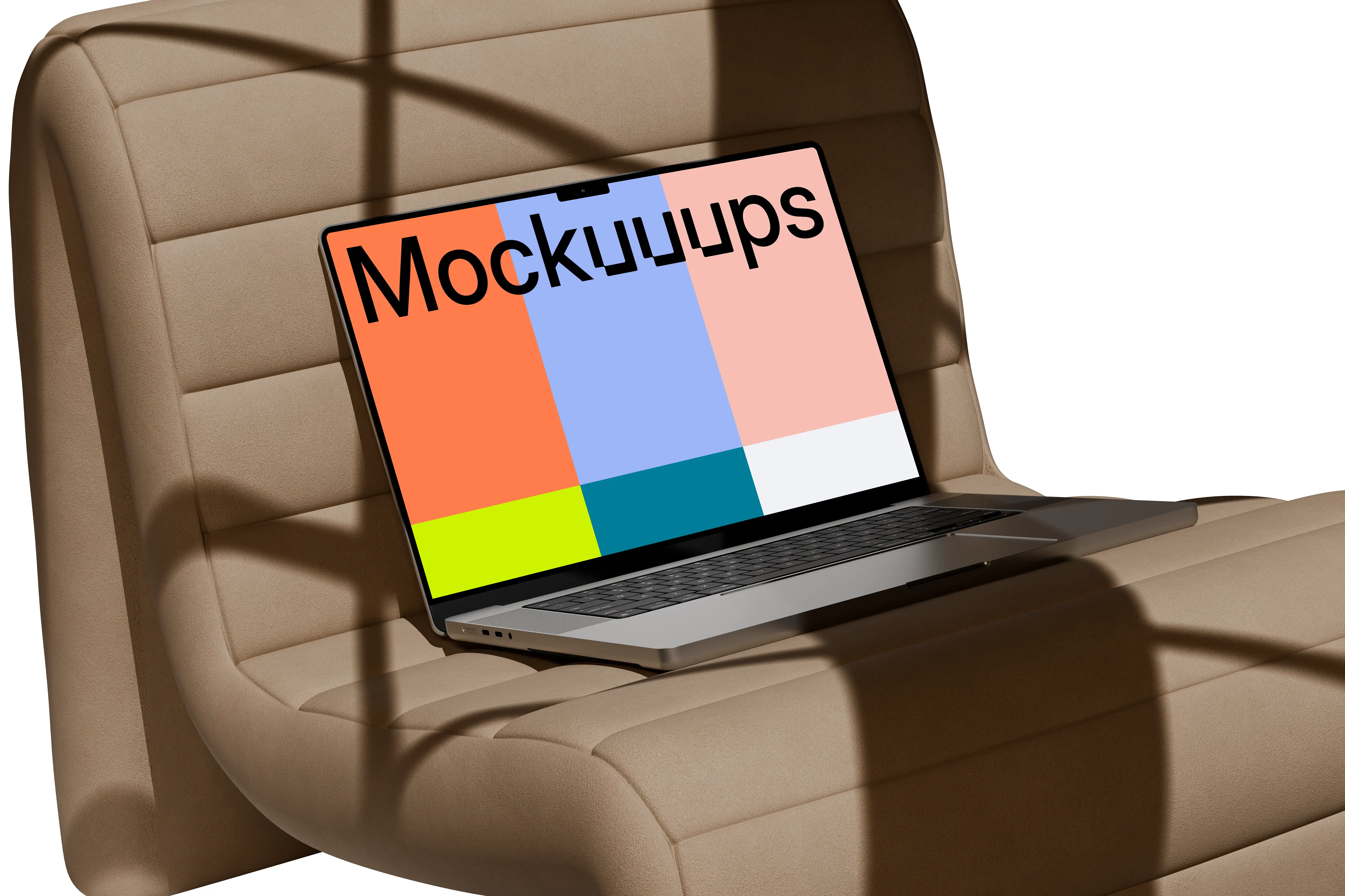 MacBook Pro mockup on a modern cushioned chair mockup