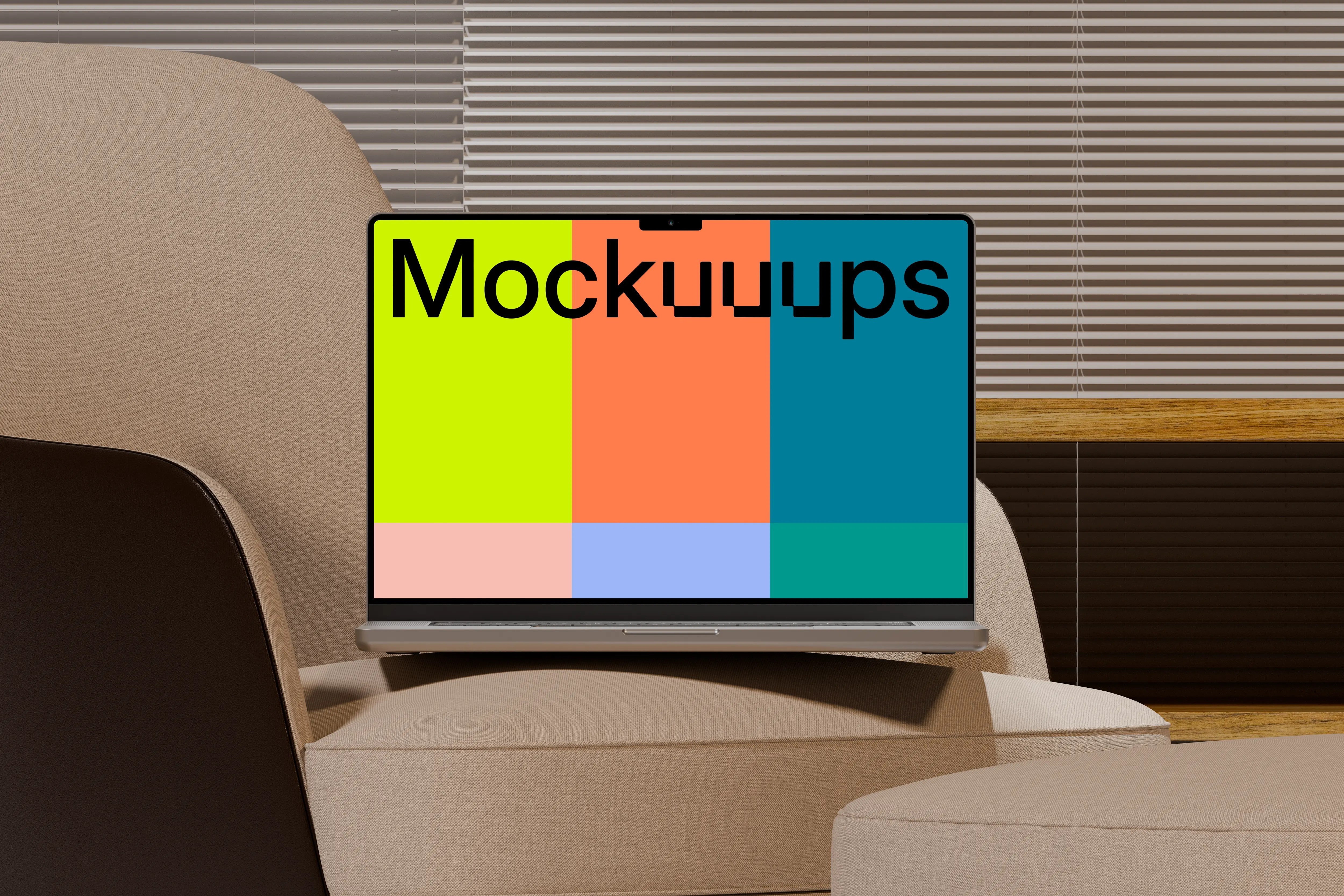 MacBook Pro mockup on a modern lounge chair mockup