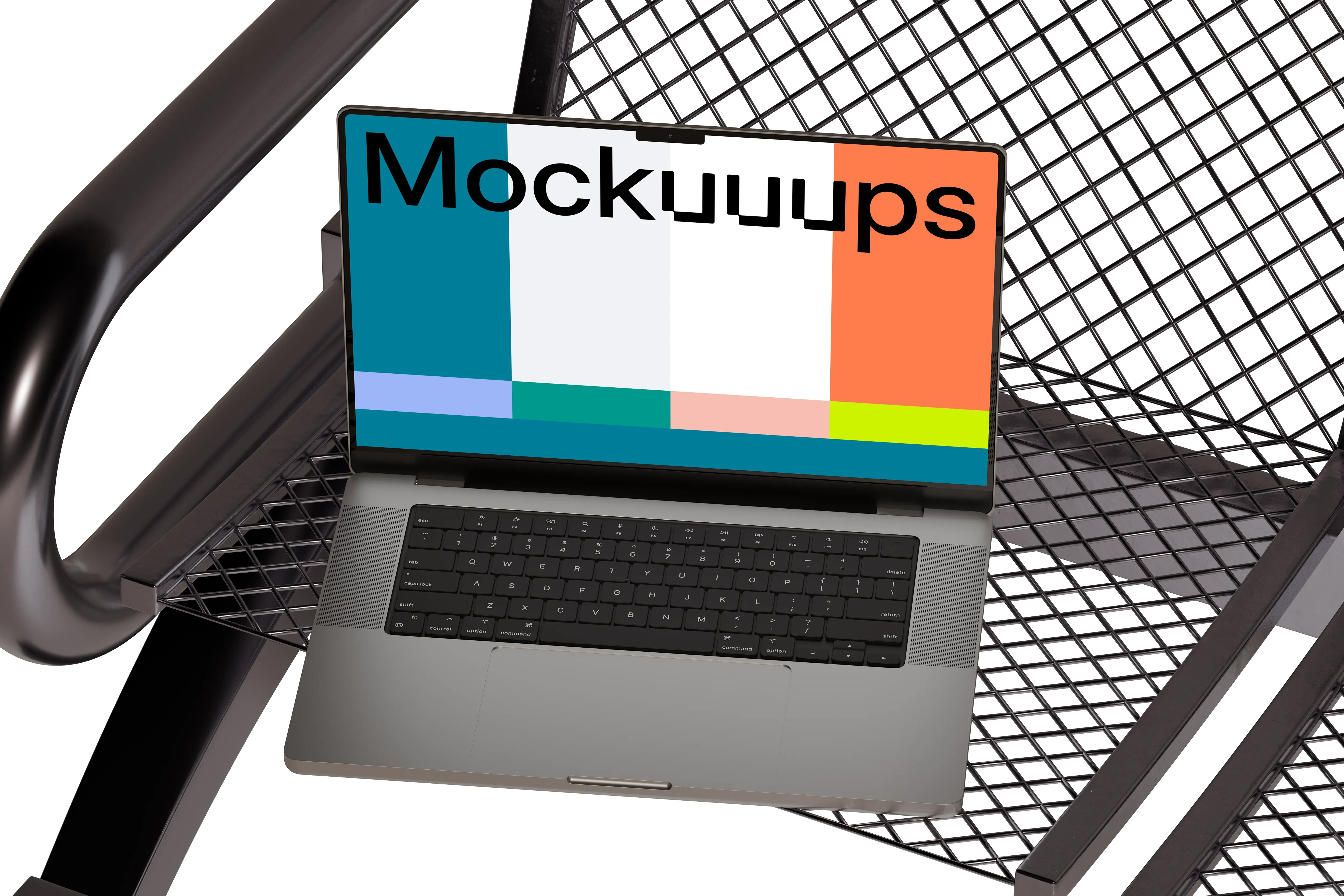 MacBook Pro mockup on a modern metal chair mockup
