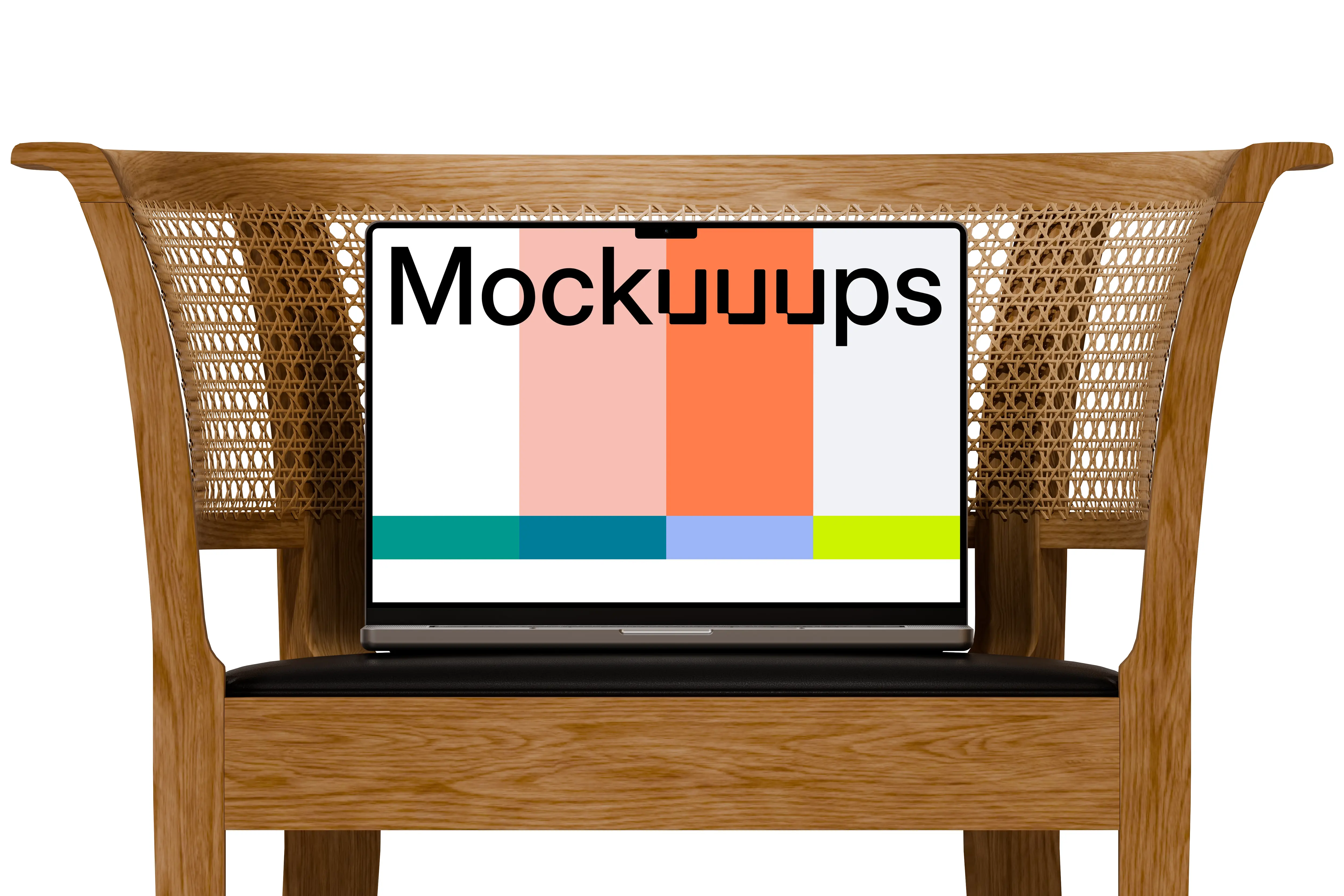 MacBook Pro mockup on a wooden chair mockup