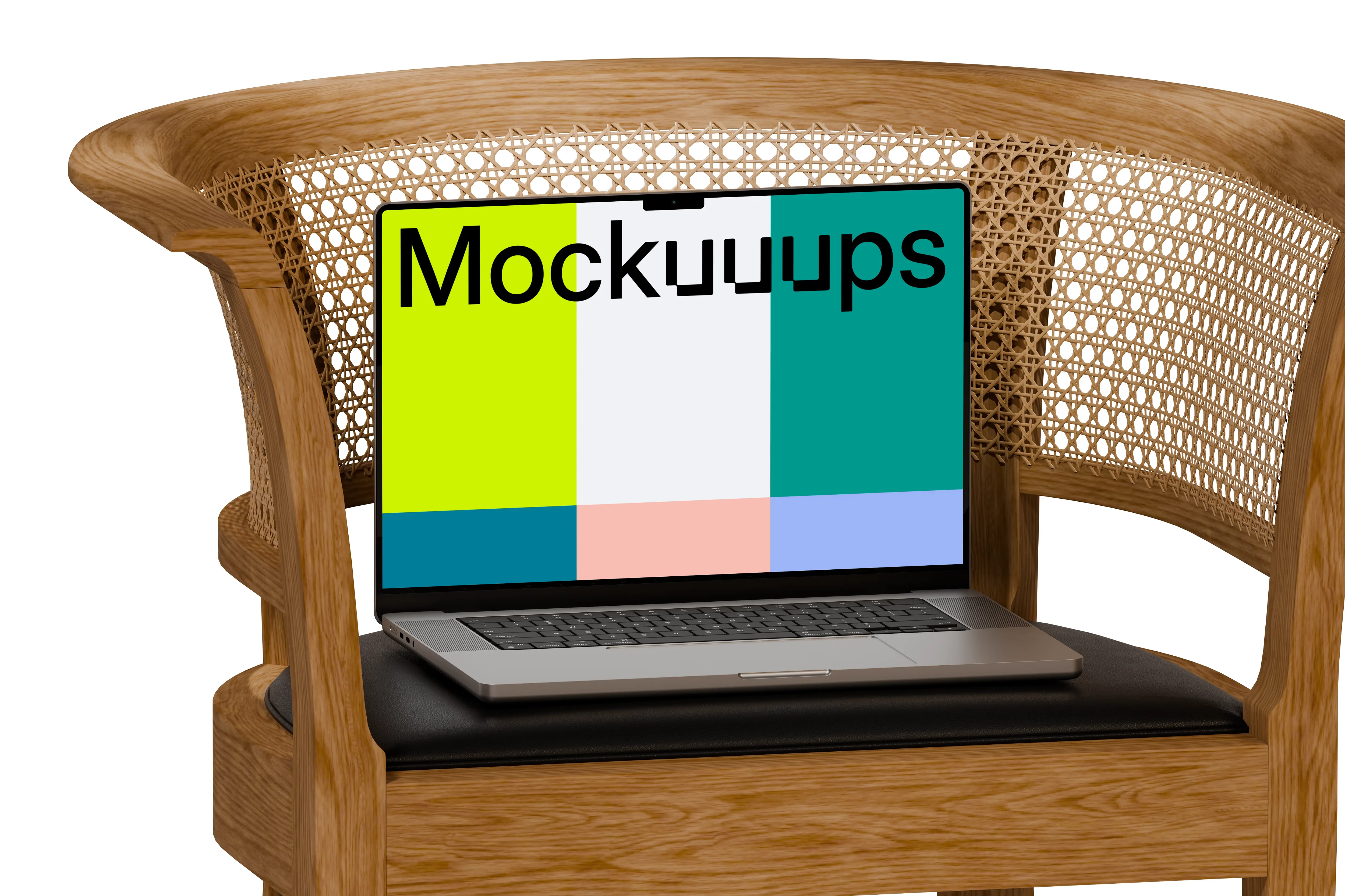 MacBook Pro mockup on a woven wooden chair mockup