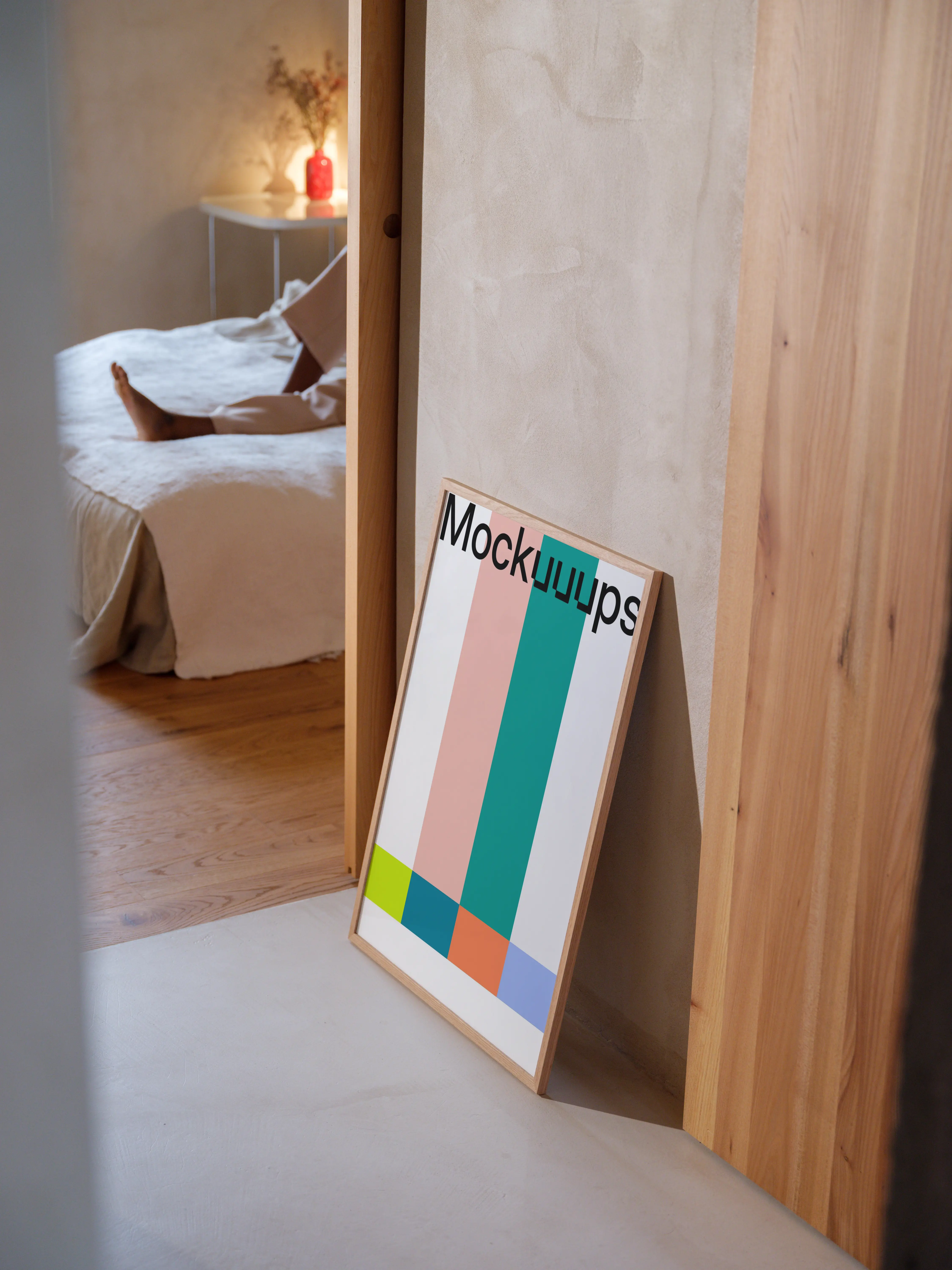 Modern poster mockup leaning against a neutral wall mockup