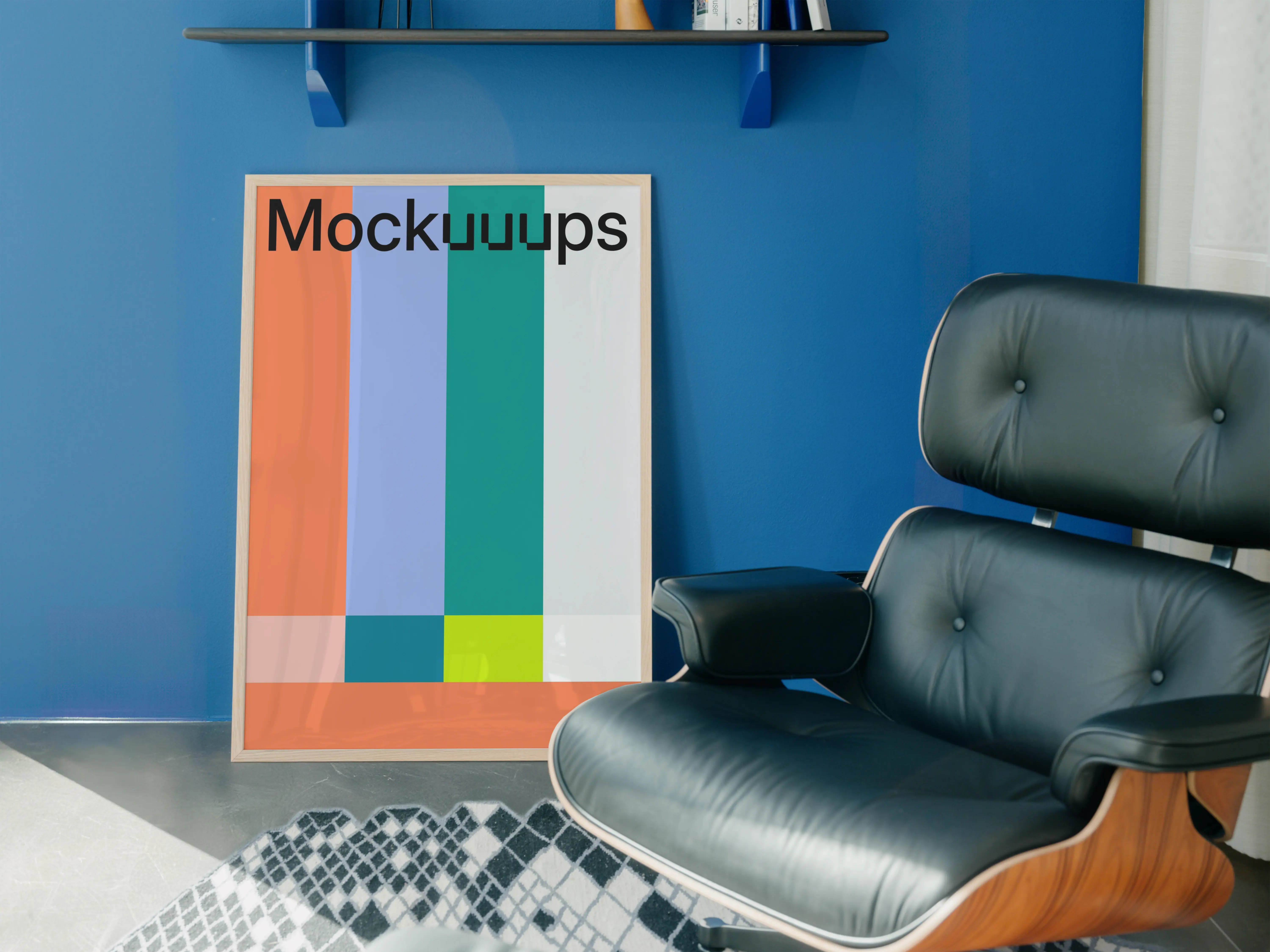 Poster mockup in a modern interior with blue walls mockup