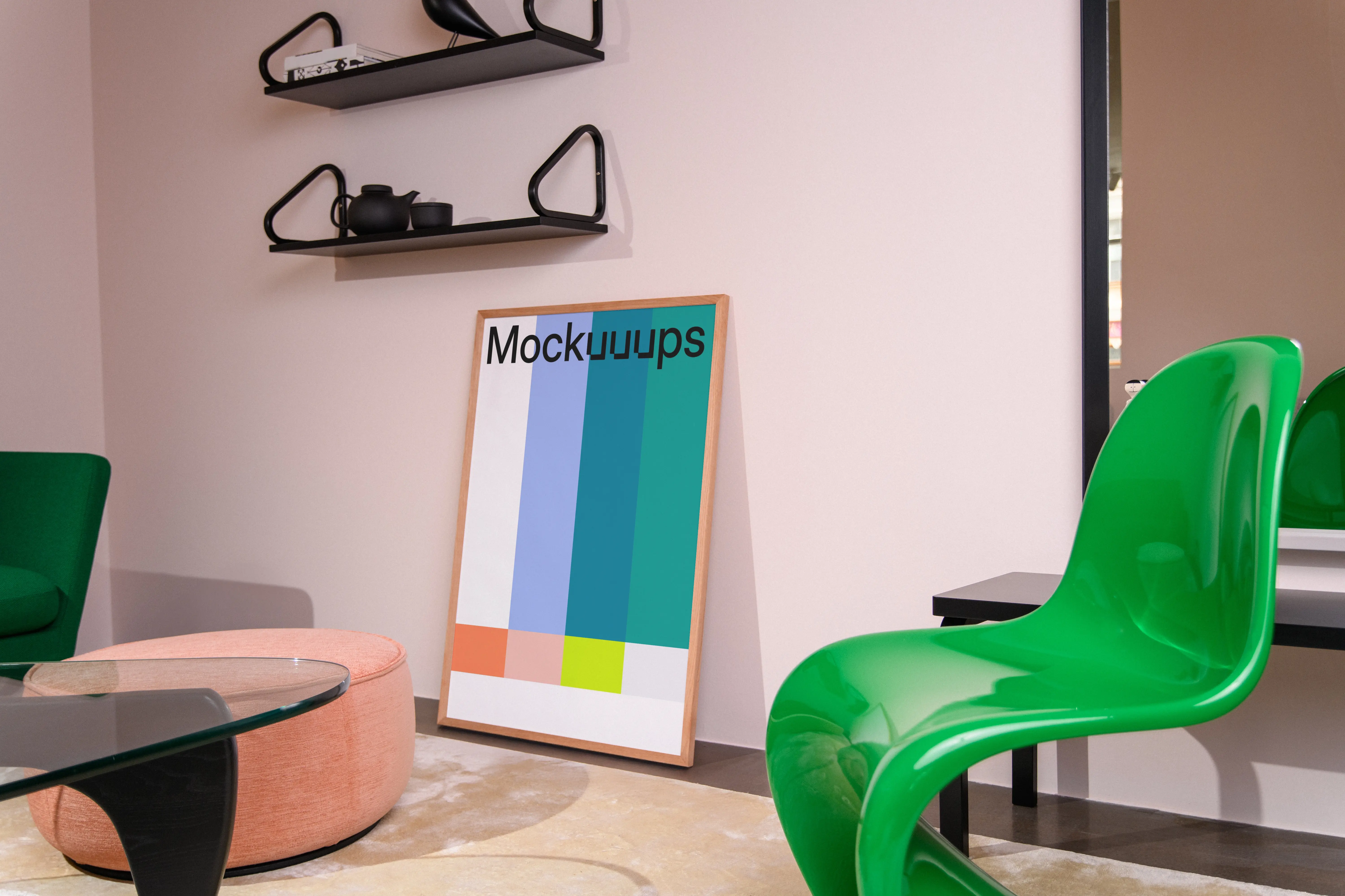 Poster mockup in a modern lounge with vibrant decor mockup