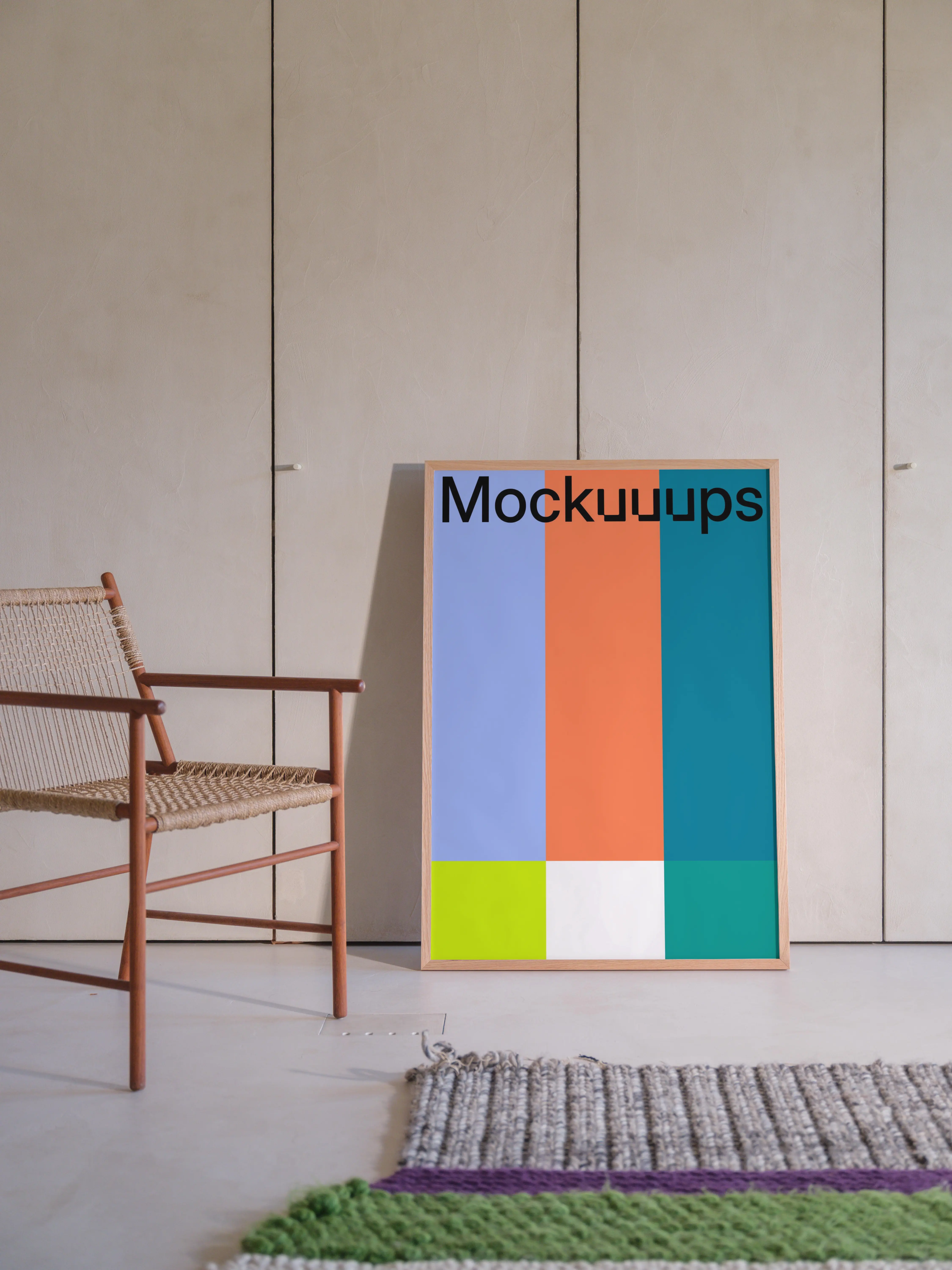 Poster mockup with wooden frame in a cozy room mockup