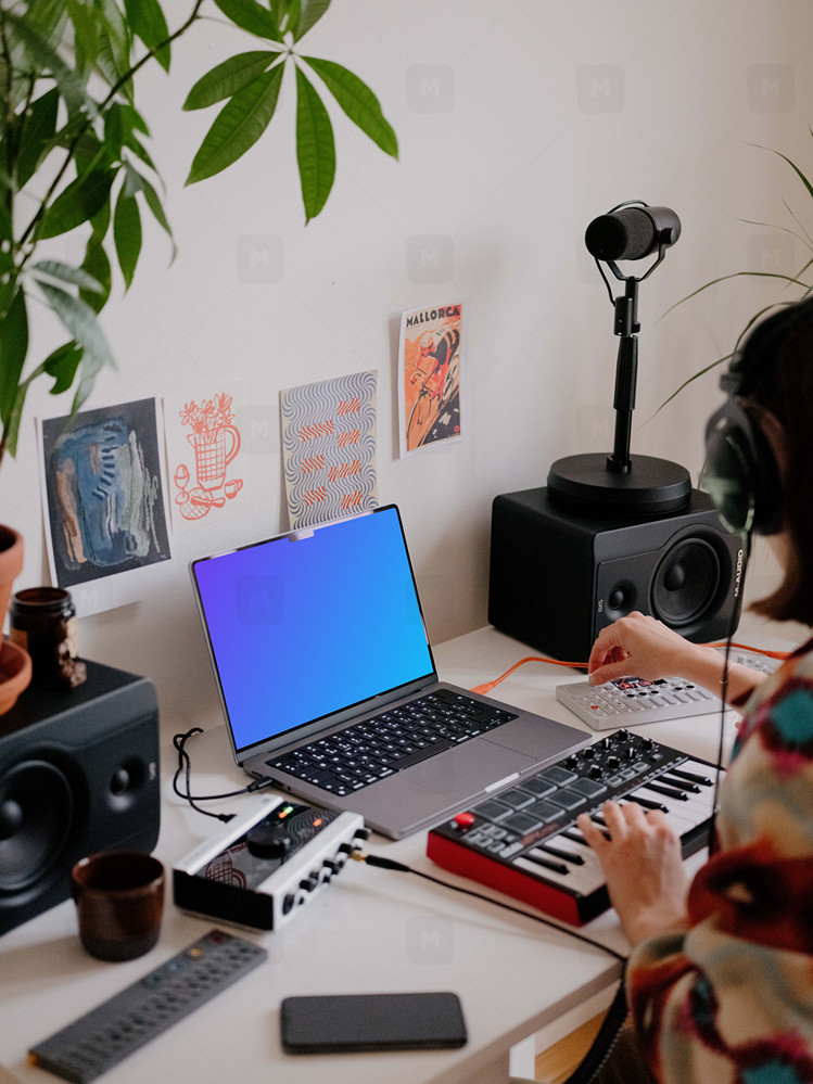 Small Podcast Studio with MacBook Pro Mockup