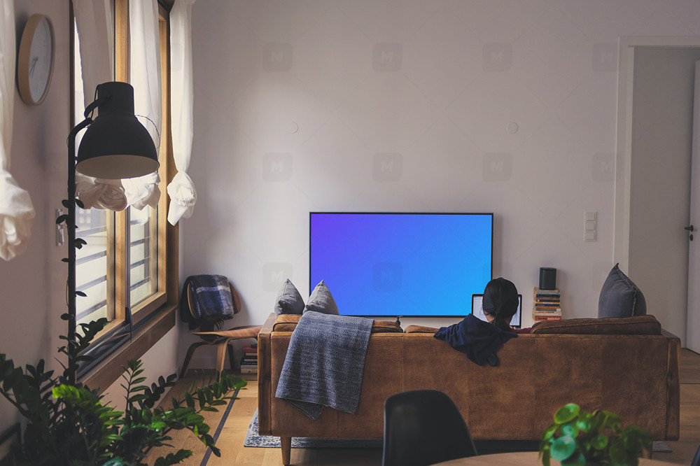 Television mockup in a cozy living room