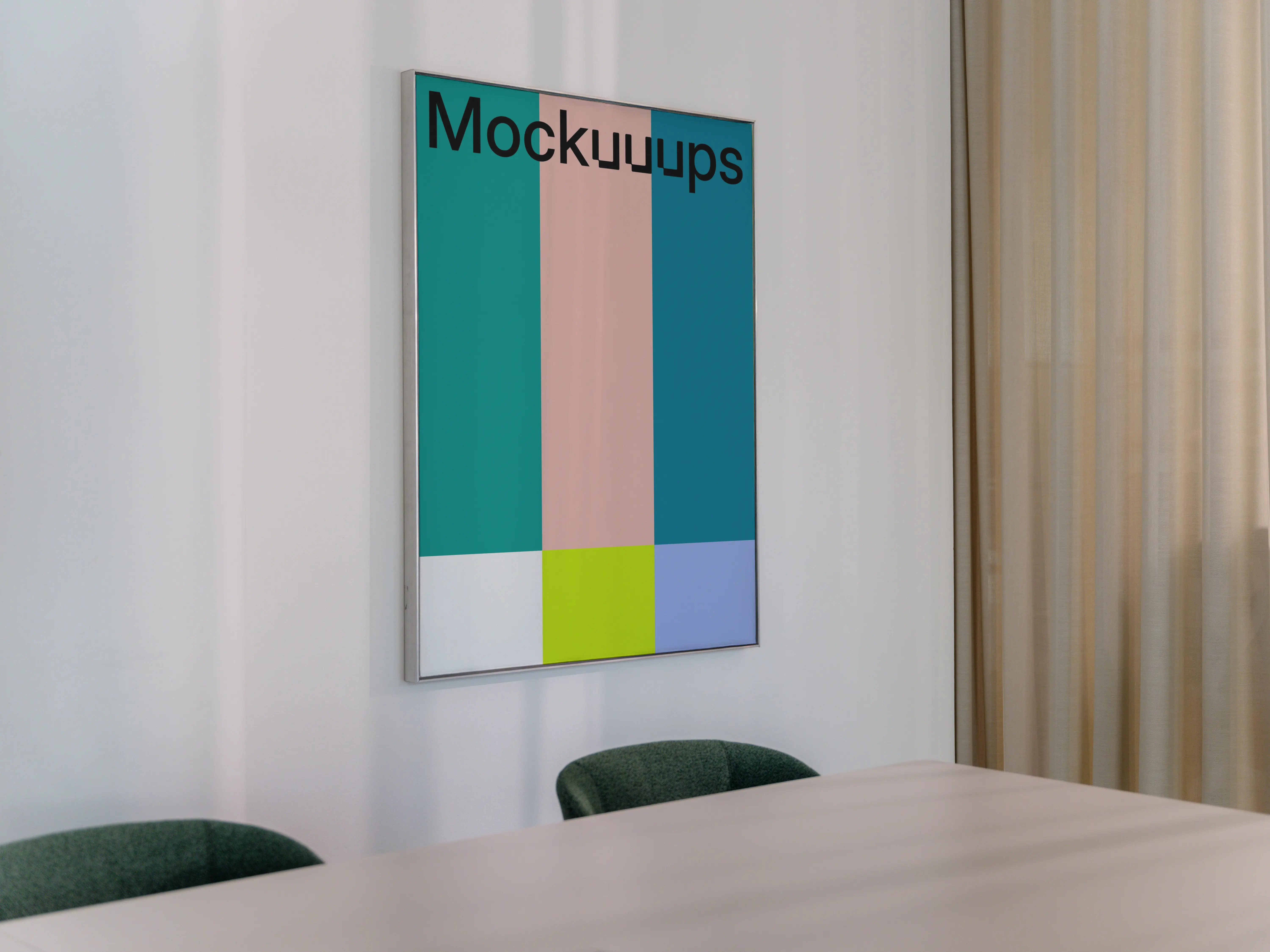 Vertical poster mockup in a modern meeting room mockup