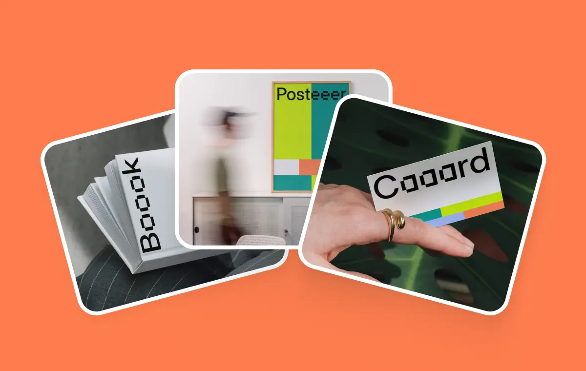 Print mockups for Frontify including business cards, posters, and book covers